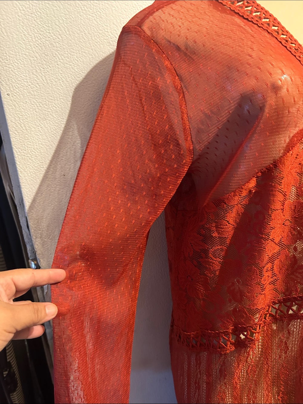 Sheer Lace Long Robe in Rust Red - Picture 3 of 6